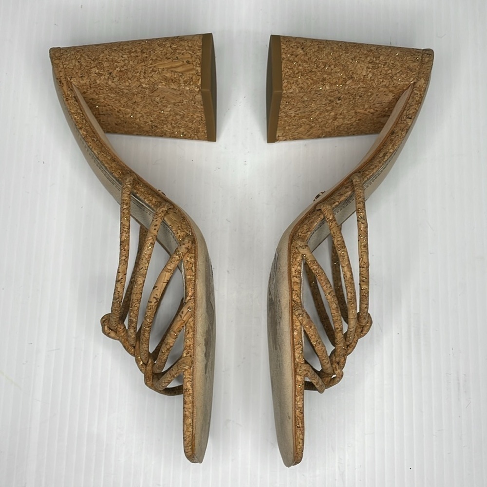 Paige Becca Block Heel Sandal Size 8 Tan Knot Strap Upper Gold Specs - Picture 9 of 14